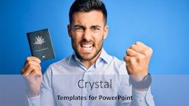  Presentation with tourist - Cool new PPT layouts with young-handsome-tourist-man-holding backdrop and a light blue colored foreground