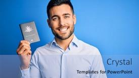  Presentation with tourist - Slide deck enhanced with young-handsome-tourist-man-holding background and a light blue colored foreground