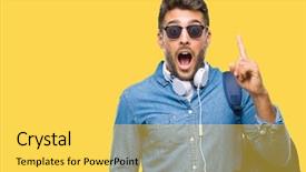  Presentation with one young man exercising handball - Theme enhanced with young handsome tourist man wearing background and a yellow colored foreground