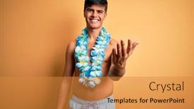  Presentation with hawaiian flowers - Colorful PPT theme enhanced with young-handsome-tourist-man backdrop and a gold colored foreground