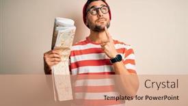  Presentation with city map - PPT theme enhanced with young-handsome-tourist-man background and a coral colored foreground
