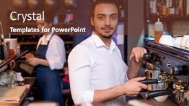  Presentation with cappuccino - Theme enhanced with young-handsome-waiter-in-white background and a tawny brown colored foreground