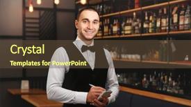  Presentation with feather as pen - PPT theme having young handsome waiter with notebook background and a tawny brown colored foreground