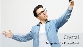  Presentation with take - Amazing PPT theme having young-handsone-man-take-selfie backdrop and a light blue colored foreground
