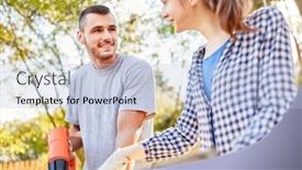  Presentation with restoration - Cool new presentation theme with young-handyman-couple-at-furniture backdrop and a light blue colored foreground