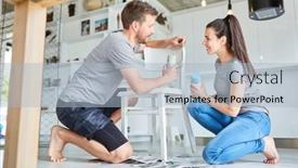  Presentation with upcycling - Audience pleasing theme consisting of young-handyman-couple-refurbishing backdrop and a light blue colored foreground