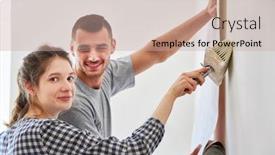  Presentation with handyman - Beautiful presentation theme featuring young-handyman-couple-wallpapering backdrop and a coral colored foreground