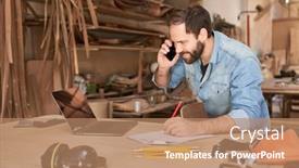  Presentation with handyman - Presentation theme with young-handyman-man-using-laptop background and a coral colored foreground