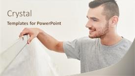  Presentation with spirit - Audience pleasing presentation theme consisting of young-handyman-with-spirit-level backdrop and a sky blue colored foreground