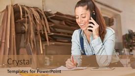  Presentation with handyman service - Theme enhanced with young-handyman-woman-using-mobile background and a coral colored foreground