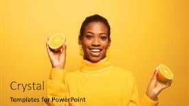  Presentation with color orange - PPT theme with young-happy-afro-american-woman background and a gold colored foreground