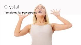 Presentation with emotions - PPT theme featuring young happy and surprised woman screaming with emotions blond long-hair girl wearing bright top looking up and rising her hands up to the air isolated on the white background background and a sky blue colored foreground