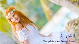  Presentation with white wedding - Presentation having young happy beautiful woman in white wedding dress on natural green background background and a sky blue colored foreground