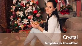  Presentation with merry christmas - Colorful presentation theme enhanced with young happy beautiful woman with cup of tea sits near christmas tree in the room of the house merry christmas and new year backdrop and a coral colored foreground