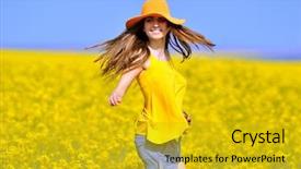  Presentation with rapeseed - Theme consisting of young happy beautiful woman on blooming rapeseed field in summer background and a gold colored foreground