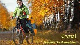 Presentation with road bike - Presentation with young happy bicycle tourist with his loaded bike standing on an autumn road in a sunny day background and a tawny brown colored foreground