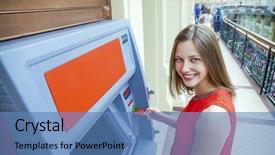  Presentation with atm - PPT theme with withdrawing money from credit card background and a teal colored foreground