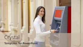  Presentation with atm - Cool new presentation with young happy brunette woman withdrawing money from credit card at atm backdrop and a soft green colored foreground