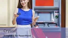  Presentation with atm - Slide deck featuring young happy brunette woman withdrawing money from credit card at atm background and a light blue colored foreground