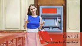  Presentation with atm - PPT theme enhanced with young happy brunette woman withdrawing money from credit card at atm background and a red colored foreground