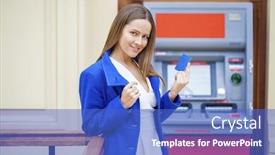  Presentation with atm - PPT layouts enhanced with young happy brunette woman withdrawing money from credit card at atm background and a teal colored foreground