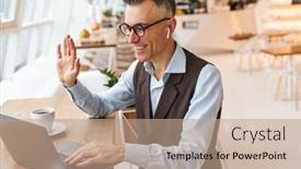  Presentation with video conference - Audience pleasing PPT theme consisting of young-happy-businessman-having backdrop and a coral colored foreground