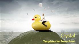  Presentation with rubber duck - Presentation design with young happy businesswoman riding yellow rubber duck background and a tawny brown colored foreground