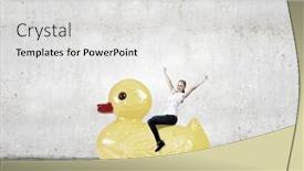  Presentation with rubber duck - Presentation design consisting of young happy businesswoman riding yellow rubber duck background and a light gray colored foreground