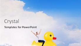  Presentation with rubber duck - Slide set having young happy businesswoman riding yellow rubber duck background and a sky blue colored foreground
