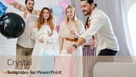  Presentation with young happy couple - Audience pleasing presentation theme consisting of young-happy-couple-accepting-gifts backdrop and a coral colored foreground