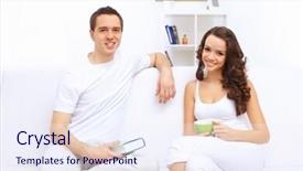  Presentation with hone - Beautiful PPT theme featuring young happy couple at hone together sitting and talking backdrop and a sky blue colored foreground