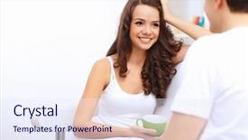  Presentation with hone - PPT layouts having young happy couple at hone together sitting and talking background and a sky blue colored foreground