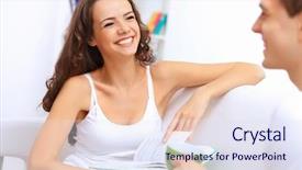  Presentation with hone - PPT theme with young happy couple at hone together sitting and talking background and a sky blue colored foreground