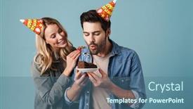  Presentation with happy birthday cake - PPT theme featuring young-happy-couple-blowing-out background and a ocean colored foreground