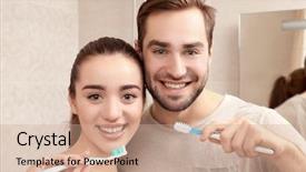  Presentation with oral cancer teeth - Theme having young happy couple brushing teeth background and a coral colored foreground