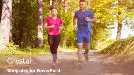  Presentation with forest road - Beautiful slide deck featuring young happy couple enjoying in a healthy lifestyle while jogging on a country road through the beautiful sunny forest exercise and fitness concept backdrop and a coral colored foreground