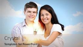 Presentation with young happy couple - Slide set consisting of young happy couple holding electric bulb in palms background and a coral colored foreground