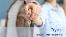  Presentation with young happy couple - Theme having young happy couple holding keys background and a sky blue colored foreground