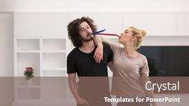  Presentation with whistle - Beautiful PPT layouts featuring young happy couple in party hats blowing in whistle isolated on a white background backdrop and a violet colored foreground