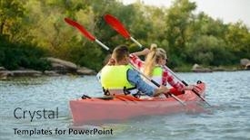 Presentation with kayak - PPT layouts with young happy couple paddling kayak on the beautiful river or lake background and a light blue colored foreground