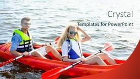  Presentation with kayak - PPT theme featuring young happy couple paddling kayak on the beautiful river or lake background and a sky blue colored foreground