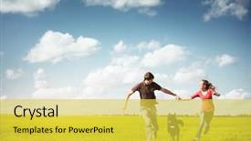  Presentation with young happy couple - Beautiful presentation theme featuring young happy couple running backdrop and a yellow colored foreground