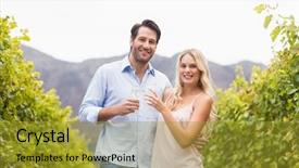  Presentation with young happy couple - Audience pleasing slide set consisting of young happy couple smiling and toasting in the grape field backdrop and a gold colored foreground
