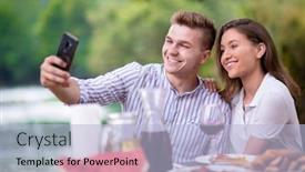  Presentation with outdoor party - Amazing presentation theme having young happy couple taking selfie while having picnic french dinner party outdoor during summer holiday vacation near the river at beautiful nature backdrop and a light blue colored foreground