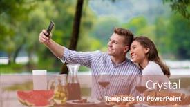  Presentation with young happy couple - Amazing PPT theme having young happy couple taking selfie while having picnic french dinner party outdoor during summer holiday vacation near the river at beautiful nature backdrop and a coral colored foreground
