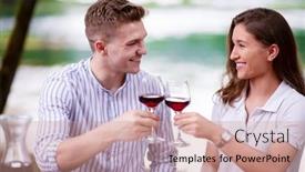  Presentation with outdoor party - PPT theme with young happy couple toasting red wine glass while having picnic french dinner party outdoor during summer holiday vacation near the river at beautiful nature background and a coral colored foreground