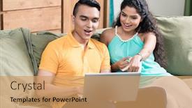  Presentation with dj promo videos - PPT theme consisting of young happy couple watching videos on laptop at home background and a coral colored foreground