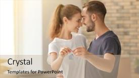  Presentation with young happy couple - Beautiful presentation design featuring young happy couple with key backdrop and a  colored foreground