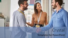  Presentation with salesman - Presentation theme with young-happy-customer-with-salesman background and a teal colored foreground