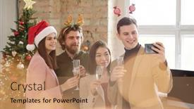  Presentation with flutes - Beautiful PPT theme featuring young-happy-employees-with-flutes backdrop and a coral colored foreground